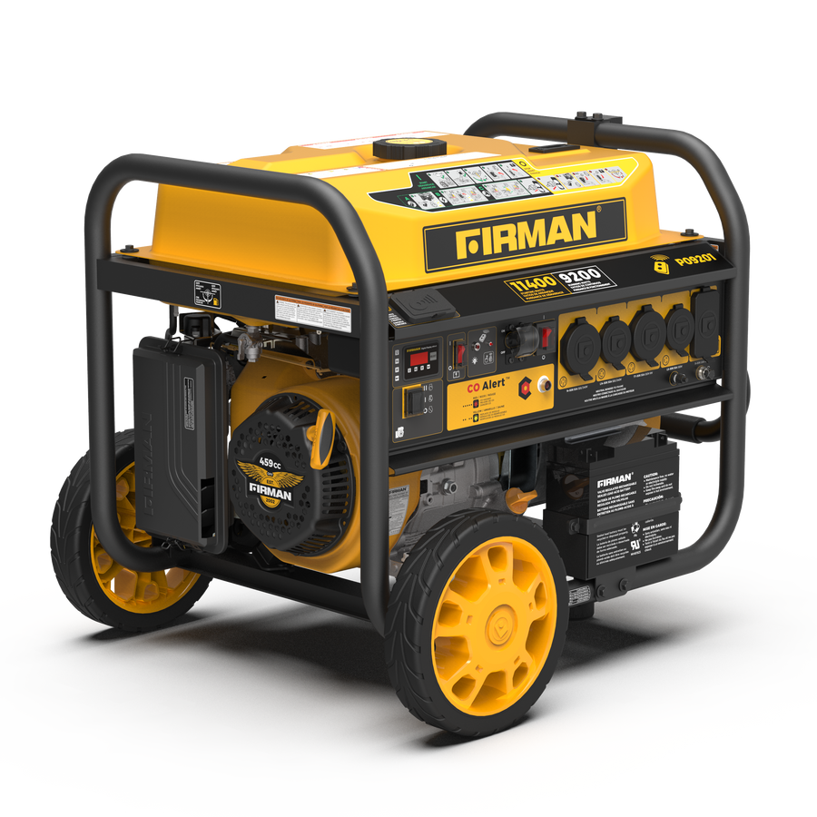 Yellow and black FIRMAN Power Equipment Gas Portable Generator 11400W Remote Start 120/240V with CO alert, displayed on a white background.