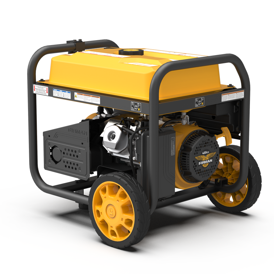 FIRMAN Power Equipment Gas Portable Generator 11400W Remote Start 120/240V with CO alert, with yellow casing and black frame, featuring control panel and wheels for mobility.