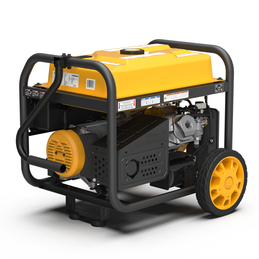A portable FIRMAN Power Equipment Gas Portable Generator 11400W Remote Start 120/240V with CO alert on a black frame with large yellow wheels, featuring a prominent yellow fuel tank and a black control panel.