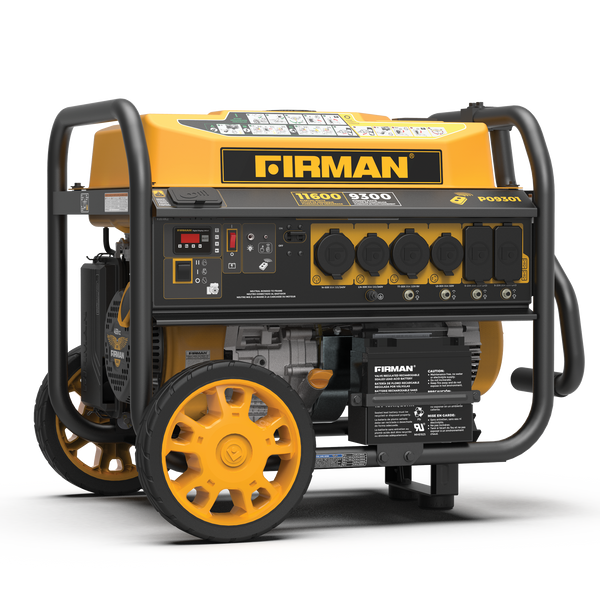 Portable FIRMAN Gas Portable Generator 11600W Remote Start 120/240V power generator with yellow wheels, black frame, and detailed control panel on a striped background.