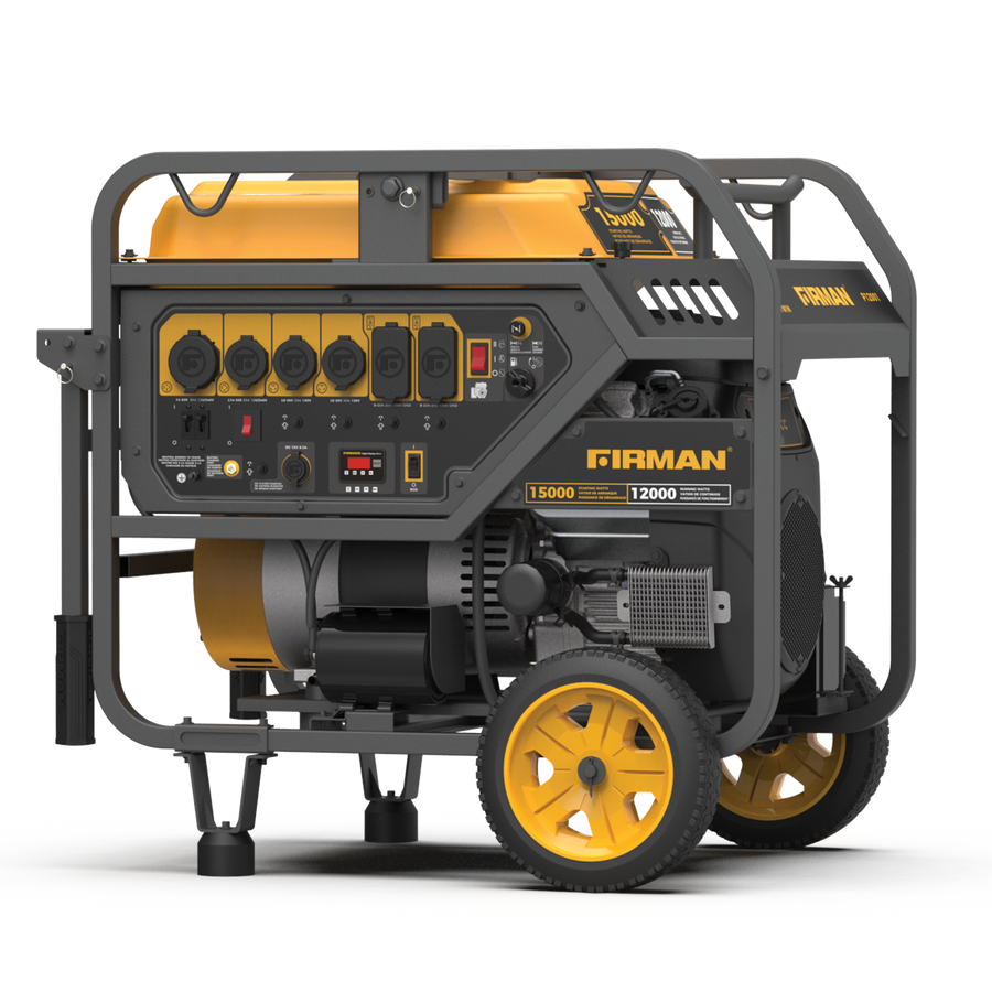 A FIRMAN Power Equipment Gas Portable Generator 15000W Electric Start 120/240V on wheels with a yellow and black color scheme, featuring multiple outlets and control panels.