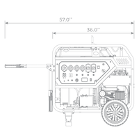 Technical blueprint of a FIRMAN Power Equipment Gas Portable Generator 15000W Electric Start 120/240V with detailed dimensions and control panel layout.