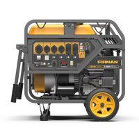 A FIRMAN Gas Portable Generator 15000W Electric Start 120/240V with CO Alert, featuring a sturdy frame and yellow wheels, a control panel with multiple outlets and gauges.