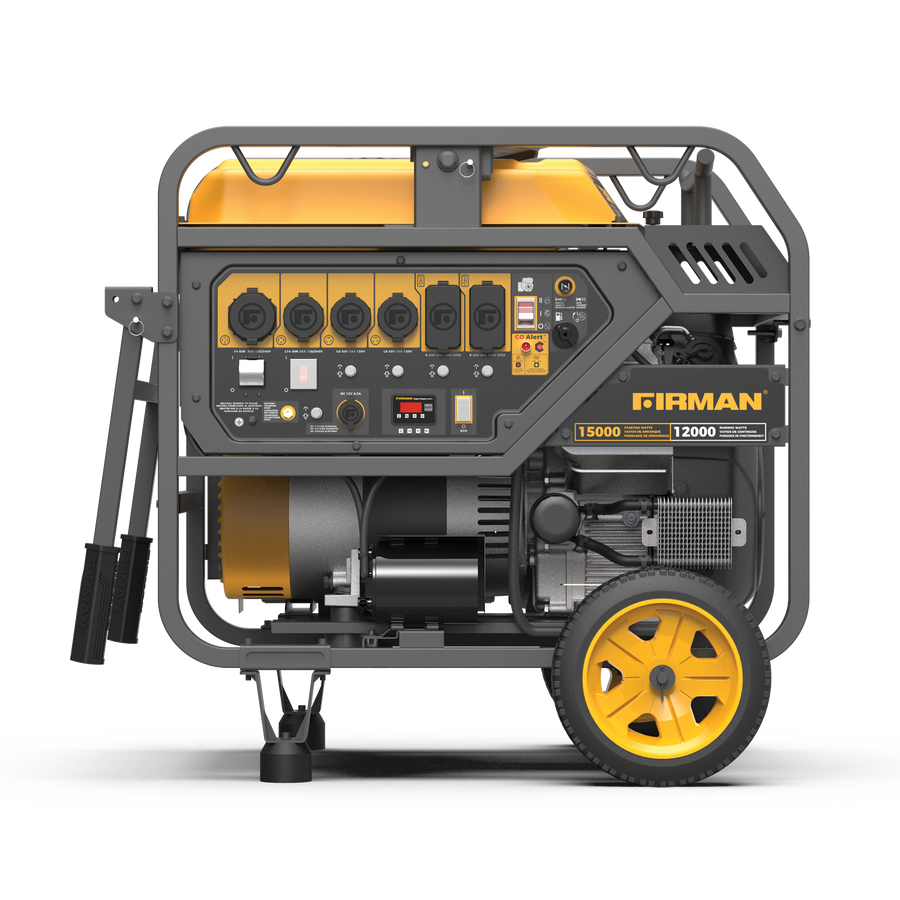 A FIRMAN Gas Portable Generator 15000W Electric Start 120/240V with CO Alert, featuring a sturdy frame and yellow wheels, a control panel with multiple outlets and gauges.