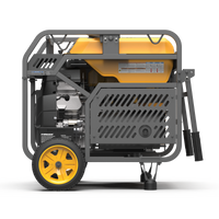 Portable power station on wheels with visible engine and control panel, encased in a metal frame with a top handle - FIRMAN Power Equipment Gas Portable Generator 15000W Electric Start 120/240V with CO Alert.