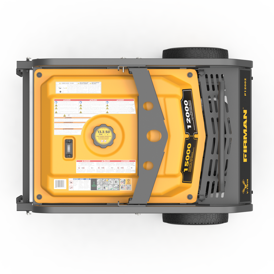 Top view of a yellow and black FIRMAN Power Equipment gas portable generator 15000W electric start 120/240V with CO Alert, with its control panel visible, featuring various switches and outlets.