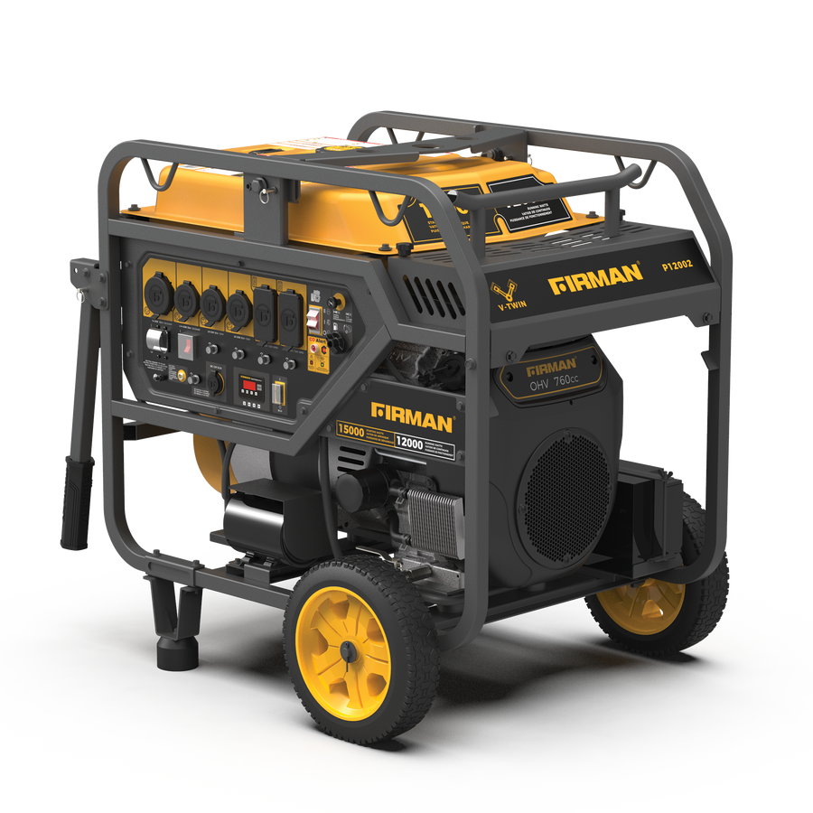 Yellow and black FIRMAN Power Equipment Gas Portable Generator 15000W Electric Start 120/240V with CO Alert on wheels, featuring multiple output sockets and control panel, set against a striped gray background.