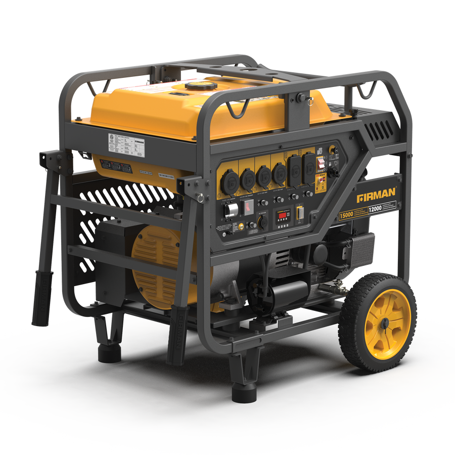 Gas Portable Generator 15000W Electric Start 120/240V with CO Alert on wheels, featuring multiple power outlets and a sturdy frame, predominantly yellow and black by FIRMAN Power Equipment.