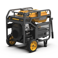 A FIRMAN Power Equipment gas portable generator on wheels, featuring a large black and yellow power station, enclosed in a sturdy metal frame.