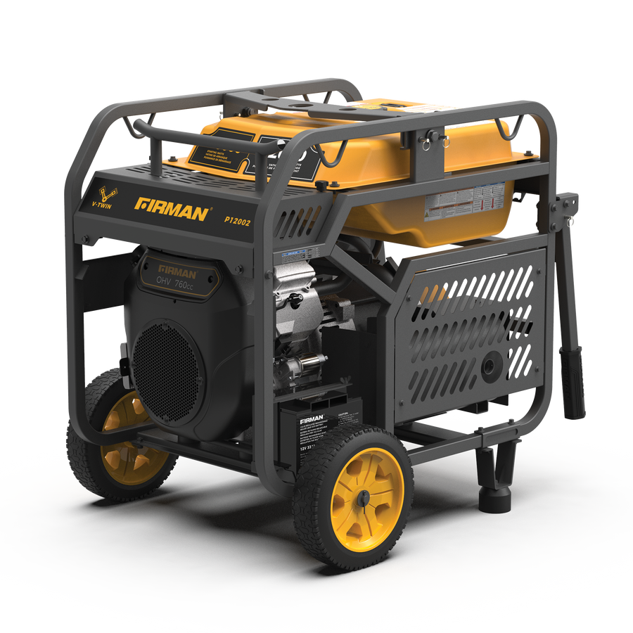 A FIRMAN Power Equipment gas portable generator on wheels, featuring a large black and yellow power station, enclosed in a sturdy metal frame.