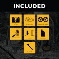 Graphic showing items included with a FIRMAN Power Equipment Gas Portable Generator 15000W Electric Start 120/240V with CO Alert: battery, battery float, 12" never flat wheels, charger cable, tool kit, engine oil, and oil funnel, set against a grayscale.