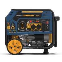 Blue and black FIRMAN Power Equipment Tri Fuel Portable Generator 4000W Electric Start 120/240V with CO ALERT, featuring yellow wheels, multiple outlets, and a control panel.