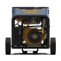 Front view of a FIRMAN Power Equipment T04073 Tri Fuel Portable Generator 4000W Electric Start 120/240V with CO ALERT and sturdy wheels on a white background.