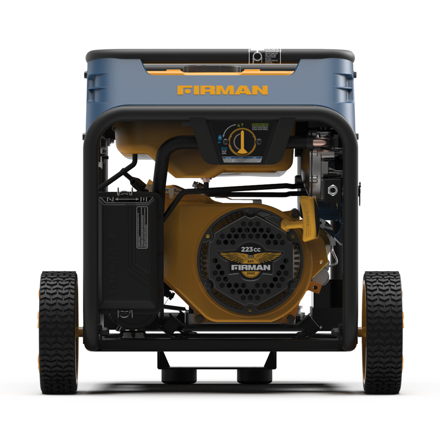 Front view of a FIRMAN Power Equipment T04073 Tri Fuel Portable Generator 4000W Electric Start 120/240V with CO ALERT and sturdy wheels on a white background.