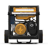 Rear view of a FIRMAN Power Equipment Tri Fuel Portable Generator 4000W Electric Start 120/240V with CO ALERT on wheels, showing its exposed engine and various operational components.
