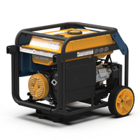 A FIRMAN Power Equipment Tri Fuel Portable Generator 4000W Electric Start 120/240V with CO ALERT, with a black frame, yellow accents, and wheels, displayed against a striped white background.