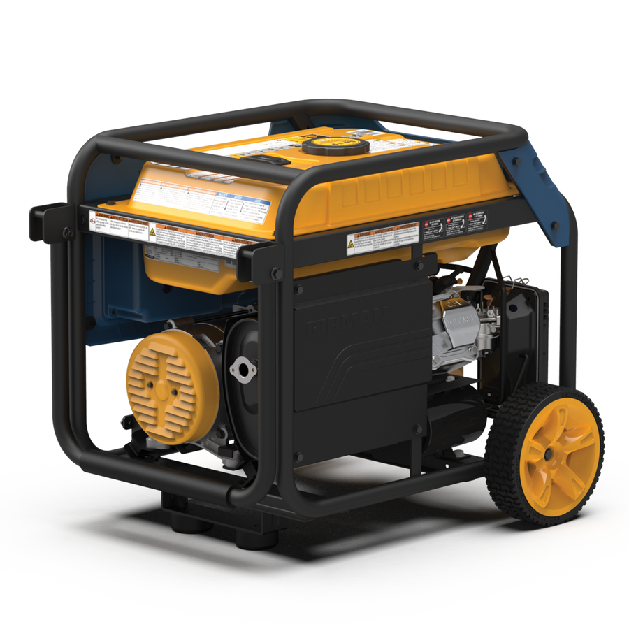 A FIRMAN Power Equipment Tri Fuel Portable Generator 4000W Electric Start 120/240V with CO ALERT, with a black frame, yellow accents, and wheels, displayed against a striped white background.