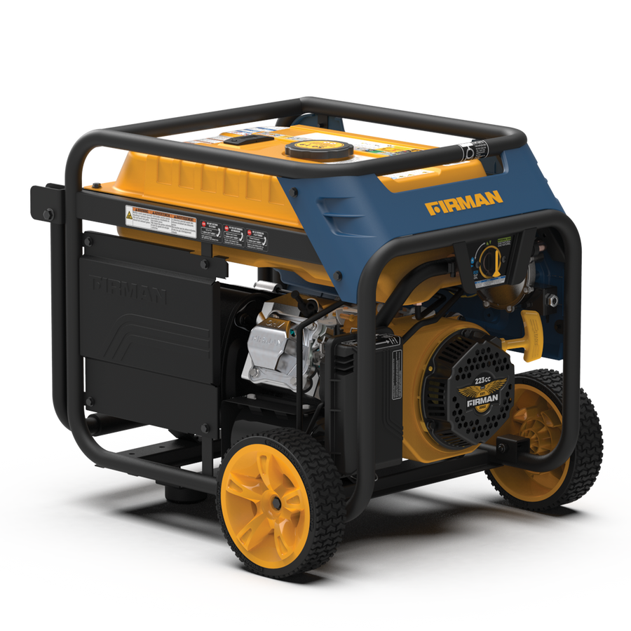A FIRMAN Power Equipment Tri Fuel Portable Generator 4000W Electric Start 120/240V with CO ALERT, mounted on a black frame with wheels, against a striped gray background.