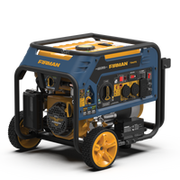 Blue and yellow FIRMAN Power Equipment Tri Fuel Portable Generator 4000W Electric Start 120/240V with CO ALERT on white background, featuring multiple outlets and control panel.