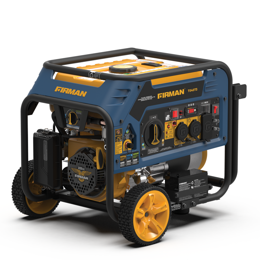 Blue and yellow FIRMAN Power Equipment Tri Fuel Portable Generator 4000W Electric Start 120/240V with CO ALERT on white background, featuring multiple outlets and control panel.