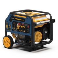 A portable FIRMAN Power Equipment Tri Fuel Portable Generator 4000W Electric Start 120/240V with CO ALERT on wheels with a blue and yellow case, featuring multiple outlets and dials on a control panel.