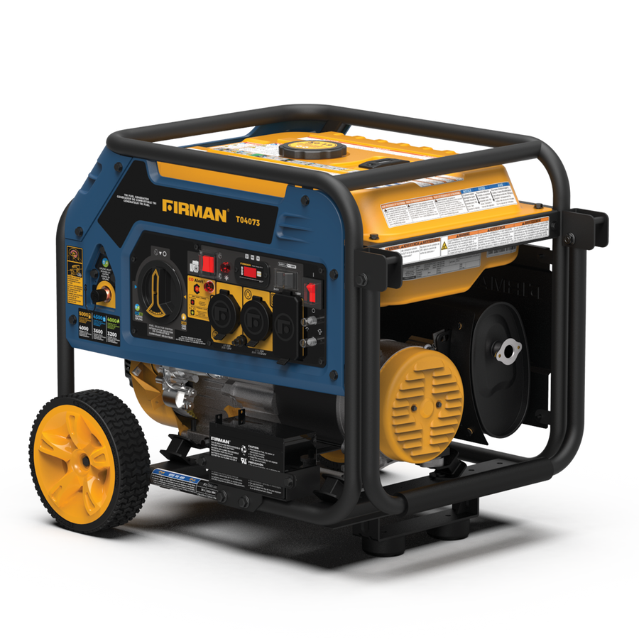 A portable FIRMAN Power Equipment Tri Fuel Portable Generator 4000W Electric Start 120/240V with CO ALERT on wheels with a blue and yellow case, featuring multiple outlets and dials on a control panel.