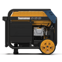FIRMAN Power Equipment Tri Fuel Portable Generator 4000W Electric Start 120/240V with CO ALERT, featuring black and yellow casing, wheels, visible engine components, against a white background.