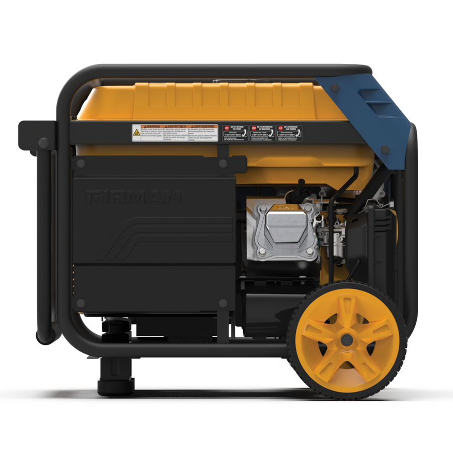 FIRMAN Power Equipment Tri Fuel Portable Generator 4000W Electric Start 120/240V with CO ALERT, featuring black and yellow casing, wheels, visible engine components, against a white background.