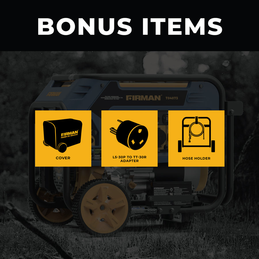 Promotional image featuring a FIRMAN Power Equipment Tri Fuel Portable Generator 4000W Electric Start 120/240V with CO ALERT, displayed with bonus items including a cover, L5-30P to TT-30R adapter, and hose holder.