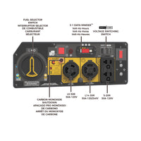 Illustration of a FIRMAN Power Equipment Tri Fuel Portable Generator 4000W Electric Start 120/240V with CO ALERT electrical control panel with labels for switches, meters, and signs including CO Alert technology and shutdown instructions.