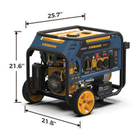 Blue and yellow FIRMAN Power Equipment Tri Fuel Portable Generator 4000W Electric Start 120/240V with CO ALERT, featuring labeled dimensions of 25.7", 21.6", and 21.8".
