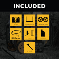 Promotional image for the FIRMAN T04073 Tri Fuel Portable Generator 4000W Electric Start 120/240V with CO ALERT featuring icons of included accessories: battery, padded u-shaped handle, never flat wheels, hose, tool kit, engine oil.