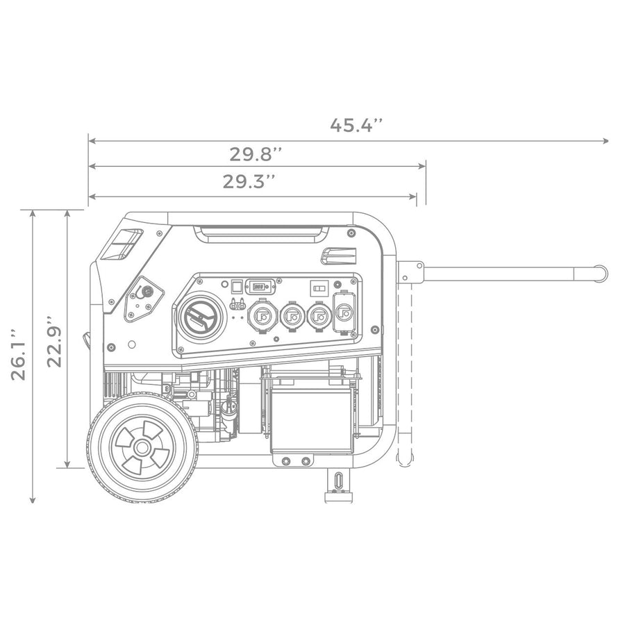 Technical drawing of a FIRMAN Power Equipment Refurbished Tri Fuel Portable Generator 7500W Electric Start 120/240V with labeled dimensions.