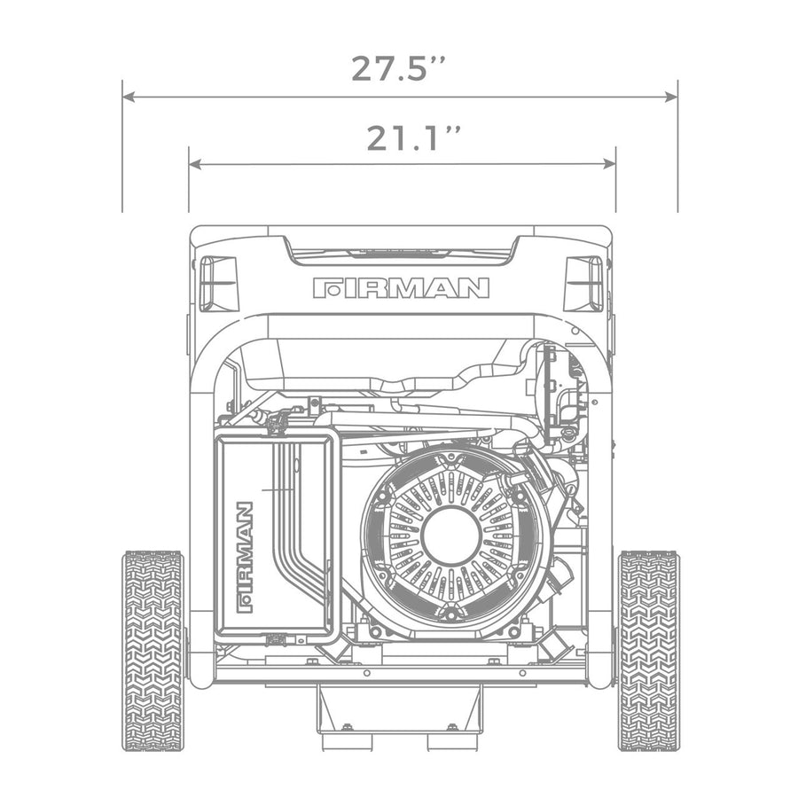 Technical drawing of a California Emission Certified FIRMAN Power Equipment T07571 Tri-Fuel generator, front view, showing dimensions and detailed components, including wheels and engine structure.