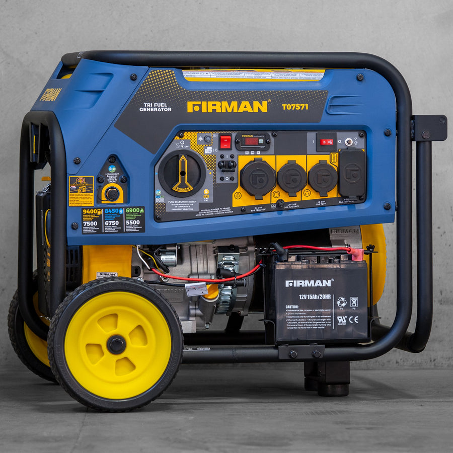 A refurbished FIRMAN Tri Fuel Portable Generator 7500W Electric Start 120/240V with visible control panel, handles, and yellow wheels on a concrete background.