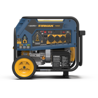 A blue and black FIRMAN Power Equipment T07571 Tri-Fuel generator with yellow wheels, featuring multiple control panels and outlets, isolated on a white background.
