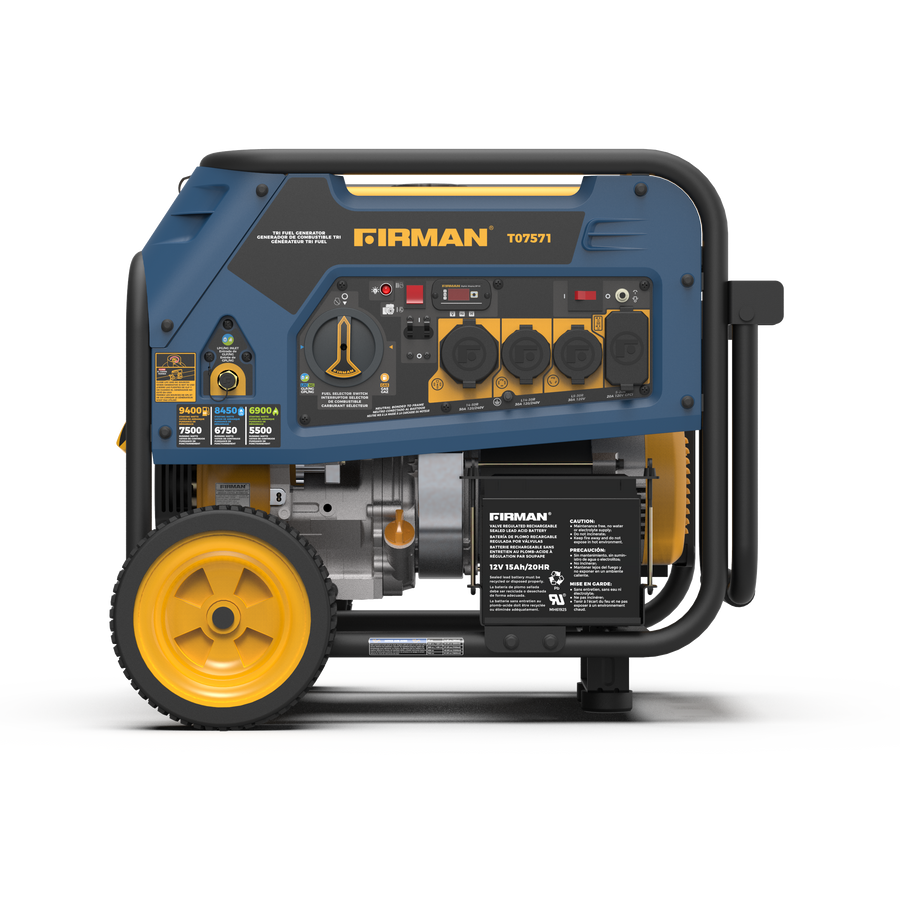 A blue and black FIRMAN Power Equipment T07571 Tri-Fuel generator with yellow wheels, featuring multiple control panels and outlets, isolated on a white background.