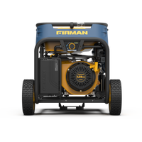 A blue and black FIRMAN Power Equipment Refurbished Tri Fuel Portable Generator 7500W Electric Start 120/240V with large wheels and visible engine components on a white background.