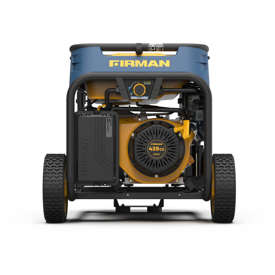 A blue and black FIRMAN Power Equipment Refurbished Tri Fuel Portable Generator 7500W Electric Start 120/240V with large wheels and visible engine components on a white background.