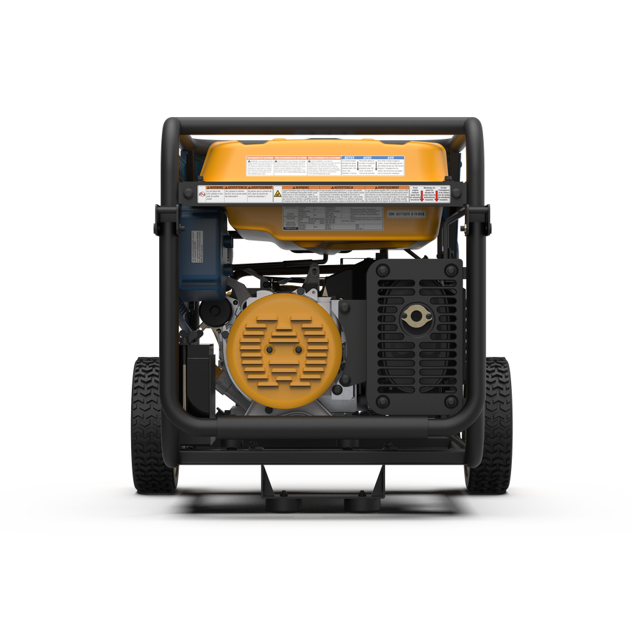 A refurbished FIRMAN Power Equipment Tri-Fuel Portable Generator 7500W Electric Start 120/240V on wheels, viewed from the rear, showcasing a black frame with an yellow fuel tank and operational labels.