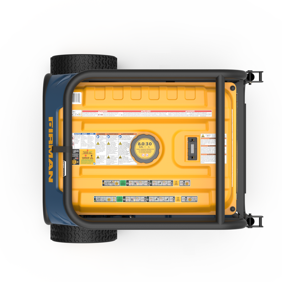 Top-down view of a yellow and blue FIRMAN Power Equipment Refurbished Tri Fuel Portable Generator 7500W Electric Start 120/240V with visible control panel and additional black tire set.