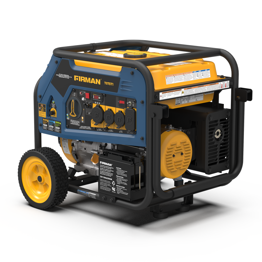 Portable FIRMAN Power Equipment Tri Fuel 7500W generator on wheels, shown from a slight angle, highlighting its control panel and yellow and black color scheme.