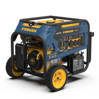 A FIRMAN Power Equipment Tri Fuel 7500W Portable Generator Electric Start 120/240V on a white background, featuring a blue and yellow design with multiple outlets and wheels.