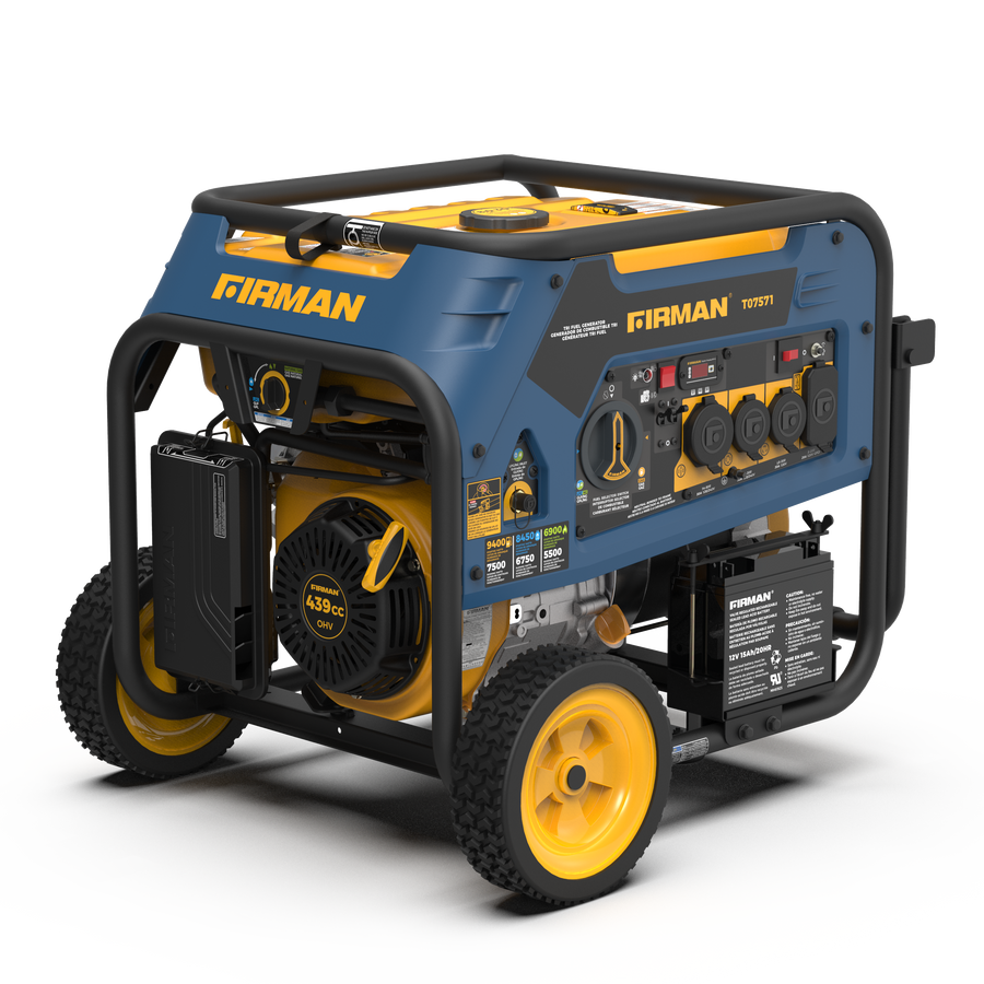 A FIRMAN Power Equipment Tri Fuel 7500W Portable Generator Electric Start 120/240V on a white background, featuring a blue and yellow design with multiple outlets and wheels.