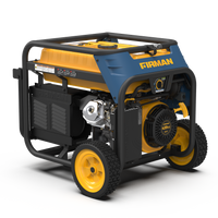 Refurbished blue and yellow FIRMAN Power Equipment T07571 Tri Fuel Portable Generator 7500W Electric Start 120/240V with wheels, displayed on a white background.