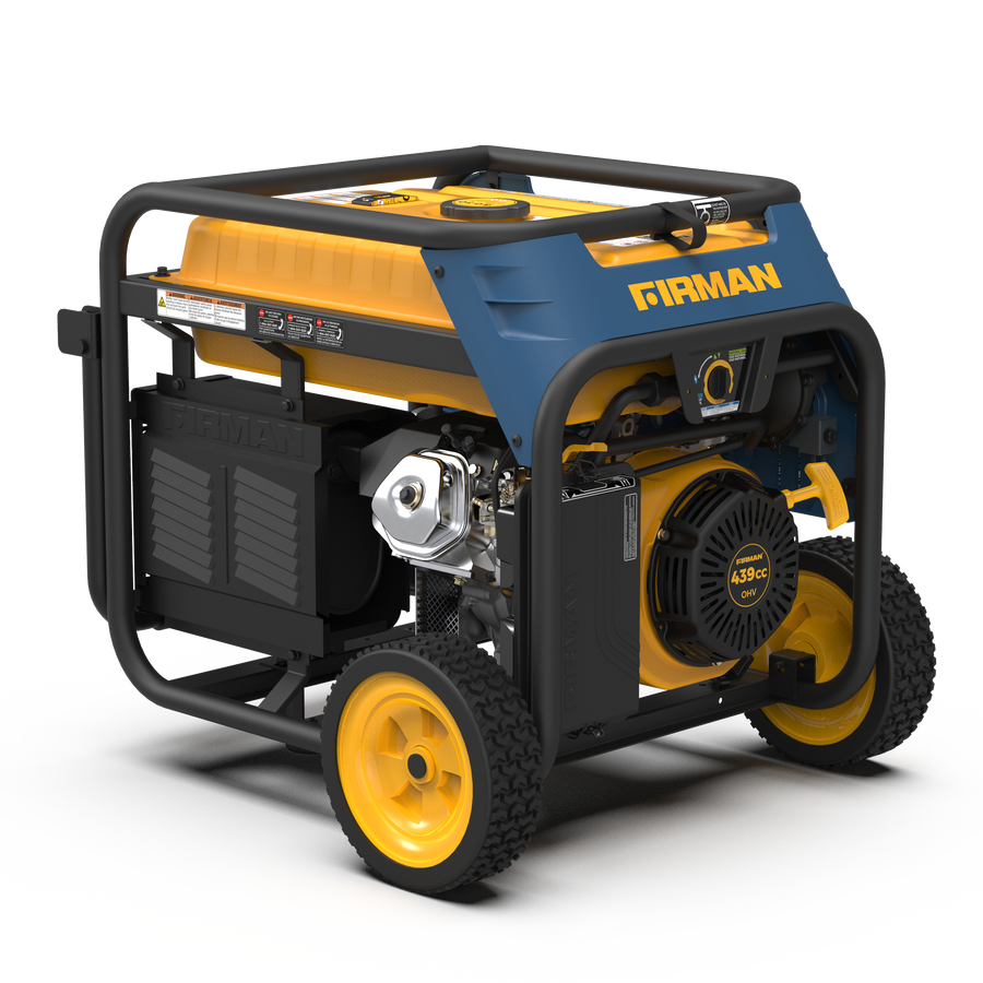A portable FIRMAN Power Equipment Tri Fuel 7500W Portable Generator Electric Start 120/240V with a blue and yellow casing and large yellow wheels, isolated on a white background.