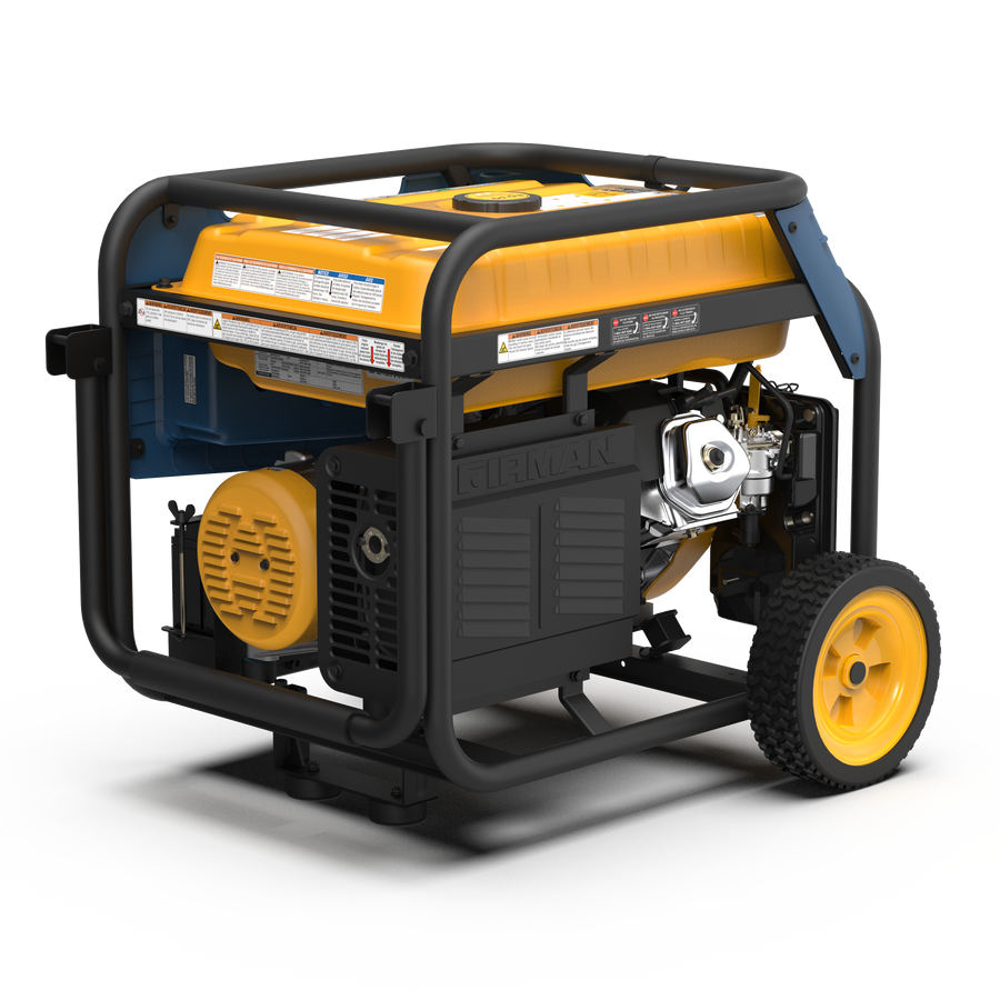 Portable Tri Fuel 7500W Generator Electric Start 120/240V on wheels, predominantly yellow and black, with exposed engine and control panel. Brand: FIRMAN Power Equipment.
