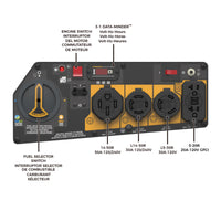 Image of Generator model T07571 Control Panel: Fuel Selector Switch, Engine Switch, 3-1 Data-Minder, 14-50R 50A-120/2140V, L14-30R 30A-120/240V, L5-30R 30A-120V, 5-20R 20A-120V GFCI.