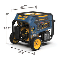 FIRMAN Power Equipment Tri Fuel 7500W Portable Generator Electric Start 120/240V with yellow wheels and measurements indicated, featuring multiple outlets and control features.