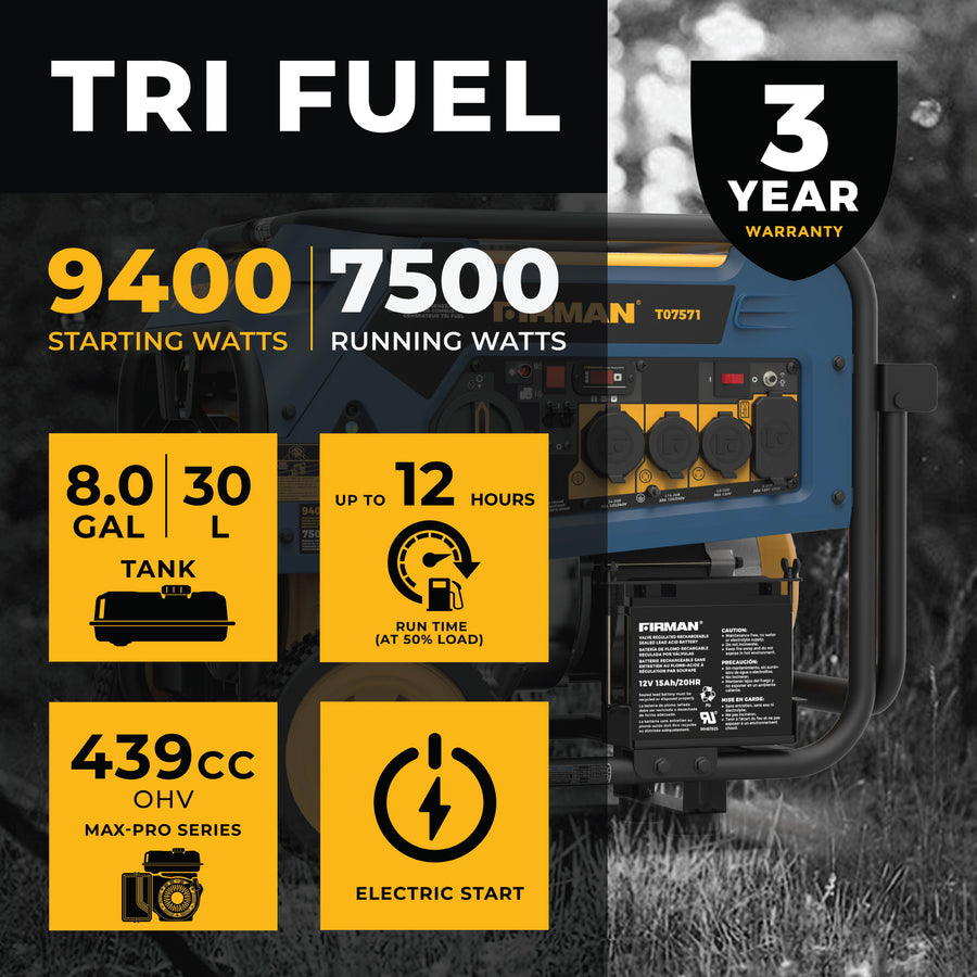 Tri Fuel 7500W Portable Generator Electric Start 120/240V